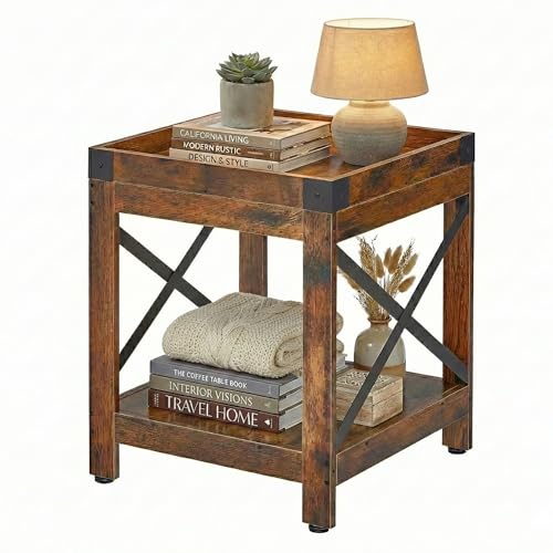 Farmhouse Square Side Table with Open Storage Shelves, Large End