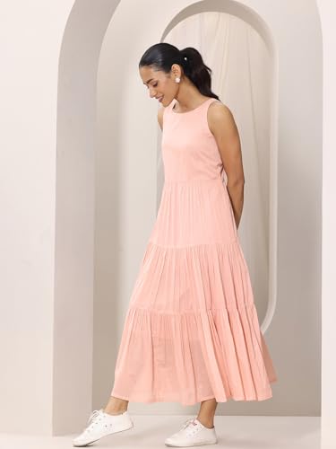 Image of Libas Solid Cotton Fit and Flare Dress for Women