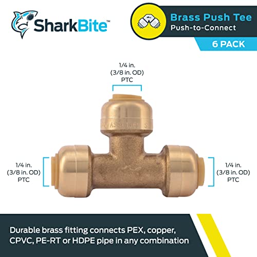 Image of SharkBite 1 /4 Inch (3 /8 Inch OD) Tee, Pack of 6, Push to Connect Brass Plumbing Fitting, PEX Pipe, Copper, CPVC, PE-RT, HDPE, U358LF