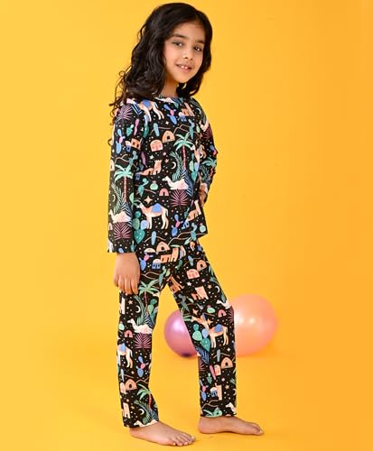 Image of ANTHRILO Summer Pyjama Set for Girls | 100% Cotton, Skin Friendly Fabric | Pyjama Set for Girls | Casual Wear | Camel Black Girls Long Sleeve Pyjama Set - Black 1-2 Years