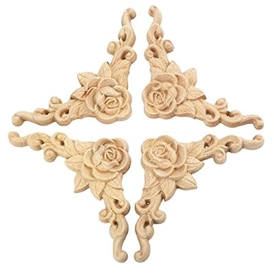 MUXSAM 4Pcs Wood Appliques & Onlays for Furniture, 3.15" x 3.15"(8x8cm), Handmade Carved Unpainted Corner Decoration for Home Wall Door Bed Cabinet Cupboard Funiture Door Cabinet Retro Rose Pattern