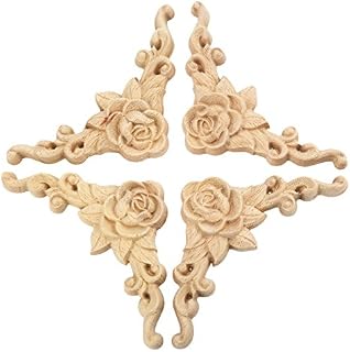 MUXSAM 4pcs Wood Carved Mouldings Applique Corner Decal Onlay Wood Embellishments for Crafting Furniture Home, Handcrafted Door Cabinet Cupboard Furniture Rose Unpainted Sculptures