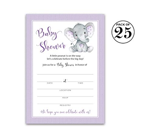 Gender Neutral Purple Elephant Baby Shower Invitations— Pack Of 25 — Little Peanut Baby Shower Blank Fill-In Invites, Unique, Purple Baby Shower Invite, Diy Invites Polka Dot Sku I503-Inv1 #TOP1