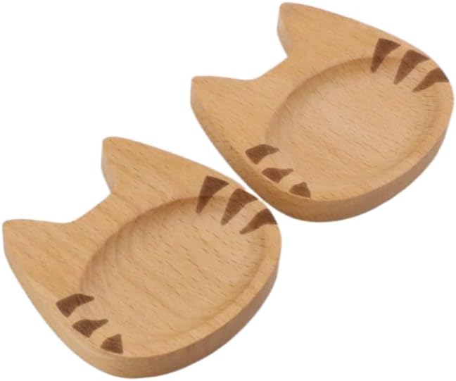 Pokinge 2Pcs Cat Shape Seasoning Dishes Plate Mini Creative Cartoon Sauce Dish Sushi Dinnerware Japanese Style Wooden Dishes
