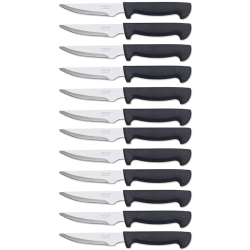 Arcos Cuchillo Mesa | Cuchillo Chuletero | Cuchillo Carne| Cuchillo de Mesa | Pack 12 Unidades| Hoja de Acero Inoxidable115 mm, Mango de Polipropileno Color Negro