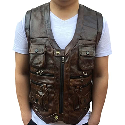 Gilet en cuir de vache véritable marron coupe ample 7XL adapté aux hommes forts