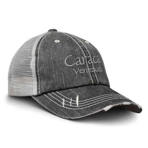 Custom Distressed Trucker Hat Caracas Venezuela Embroidery Cotton for Men & Women Strap Closure Black Gray Design Only