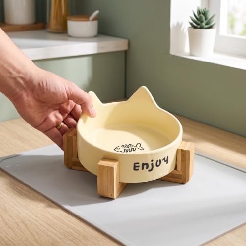 Cuenco de cerámica con orejas de gato y soporte ergonómico de madera maciza 4