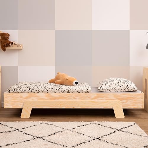smartwood Kinderbett Puzzle 90x180 mit Lattenrost - Montessori einzelbett für Jungen und Mädchen - Holzbett mit Lattenrost für Teenager - Naturholz - 90x180cm