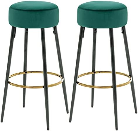 Fefances Teal Green Bar Stools Set of 2 Modern Round Velvet Bar Stools Kitchen Breakfast Round Dining Chair 30 inch Height