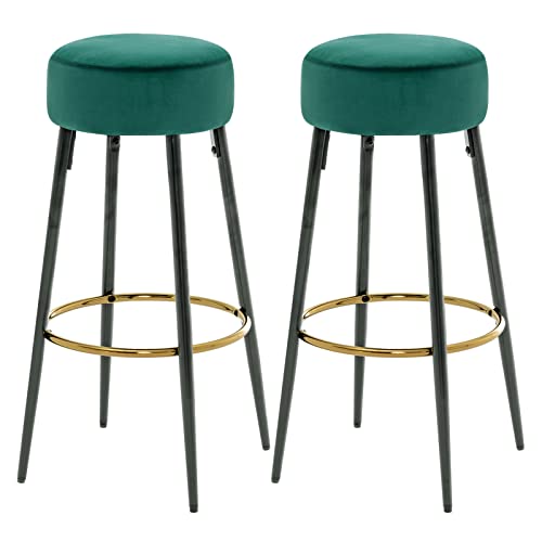 Fefances Teal Green Bar Stools Set Of 2 Modern Round Velvet Bar Stools Kitchen Breakfast Round Dining Chair 30 Inch Height #TOP22