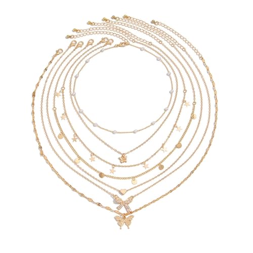 Colliers superposés dorés ensemble de 7 pièces avec fausses perles pour femme