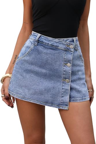 ELLEVEN Asymmetrical Skorts for Women Stretch Denim Mini Skirt Button Front High Waisted with Shorts Underneath Y2K Jean Wrap Skort Country Concert Outfits Trendy Blue Denim Medium