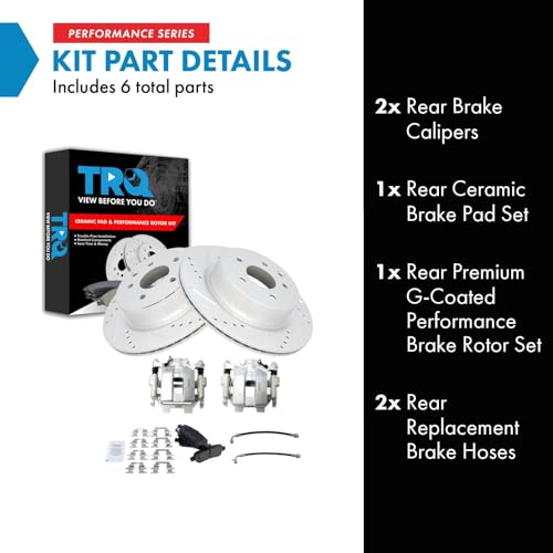 Image of TRQ Performance Rear Brake Pad and Rotor Set Ceramic Drilled Slotted Rotors Calipers Compatible with 2011-2012 Infiniti G25 2011-2012 G37 2015 Q40
