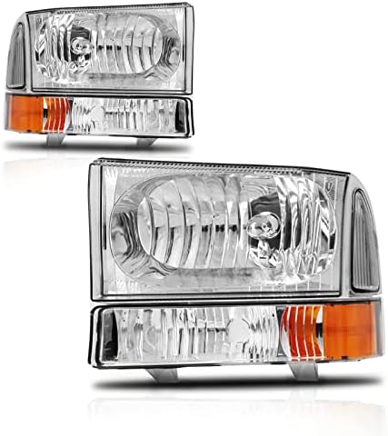 ROADEAL Headlights Assembly for 1999 2000 2001 2002 2003 2004 Ford F250 F350 F450 F550 Super Duty / 2000-2004 Ford Excursion Sets Headlights+Bumper Lamps Chrome Housing