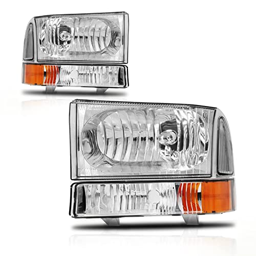 Roadeal Headlights Assembly For 1999 2000 2001 2002 2003 2004 Ford F250 F350 F450 F550 Super Duty / 2000-2004 Ford Excursion Sets Headlights+Bumper Lamps Chrome Housing #TOP1