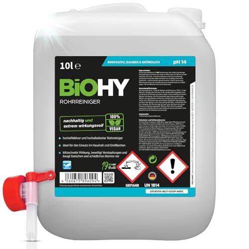 BiOHY Rohrreiniger (10 Liter Kanister) + Auslaufhahn | EXTRA STARK | flüssiger Abflussreiniger | Profi Mittel für Verstopfungen in Küche, Dusche & Toilette | entfernt Haare & Gerüche effektiv