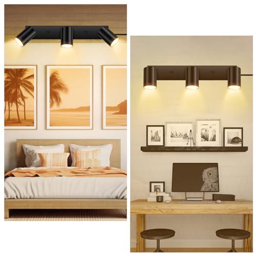 AUQUEE 3 Light Track Lighting Kit,Black 3 Way Modern Plug in Ceiling Spotlight,Industrial LED Wall Light for Kitchen Cabinet Gallery Bar Hallway Living Room,Rocker Switch,15 Foot Cord(No Bulb)