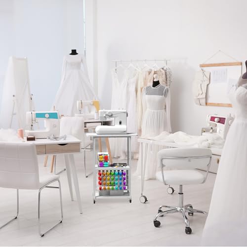 Sewing Craft Table with 56 Spools Thread Holder, Rolling Sewing Machine Table with 3 Storage Shelves, Portable Sewing Cabinet for Storage Embroidery Machine, Craft Cart for Sewing Organizer, White - Thumbnail 6