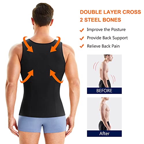 Wonderience Compression Shirts For Men Undershirts Slimming Body Shaper Tank Top Vest With Zipper (Black, Large) #TOP3