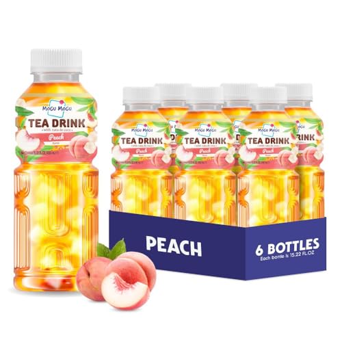 Mogu Mogu Peach Flavor Iced Tea with Nata de Coco (Coconut Jelly) Chewy Bubble Tea Alternative Refreshing Drink 6 Pack Bottles 15.3 fl oz Each (450ML)