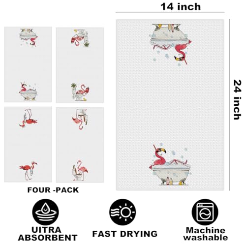 Image of 4 Pcs Funny Flamingo Hand Towels for Bathroom 24x14 Inch, Hot Pink Reusable Dish Towels for Bathroom Restroom Decor, Waffle Weave Absorbent Hand Cloth Tea Towel, Flamingo Gifts for Women Mom