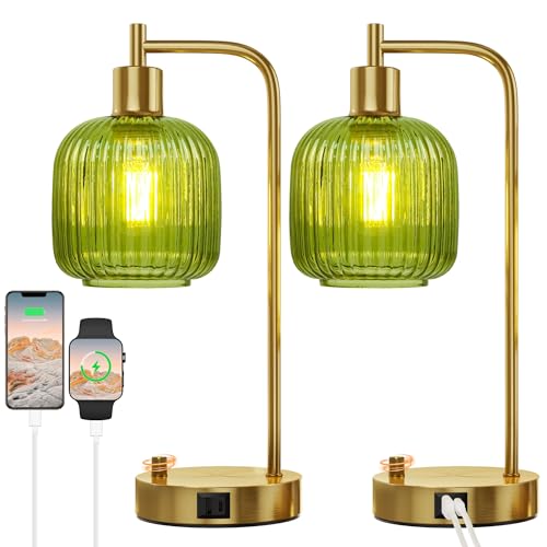QiMH Industrial Table Lamp for Bedroom Set of 2, Green Glass Beside Lamp with USB A&C Ports, Stepless Dimmable Gold Lamps, Nightstand Lamps for Living Room, Office, Home Decor(Bulb Included)