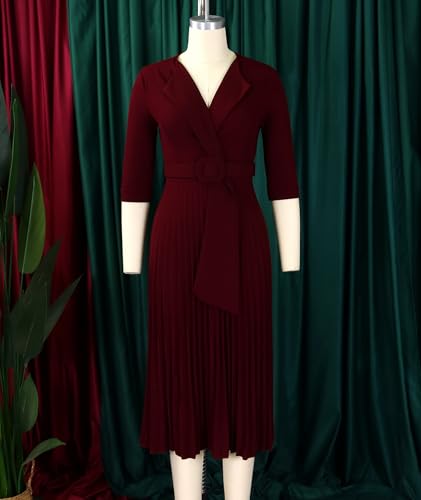 SOMTHRON Women's Elegant 3/4 Sleeve Blazer Dress V Neck Lapel Pleated Business Work Swing Midi Dress with Belt4