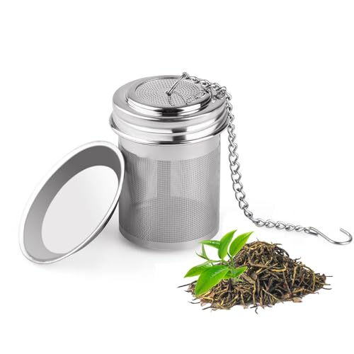 iJiZuo Filtro per tè in Acciaio Inox, Colino da tè con Maglia, con Catena Lunga e Vassoio Raccogligocce Rotondo, per Foglie di tè e Spezie e Condimenti