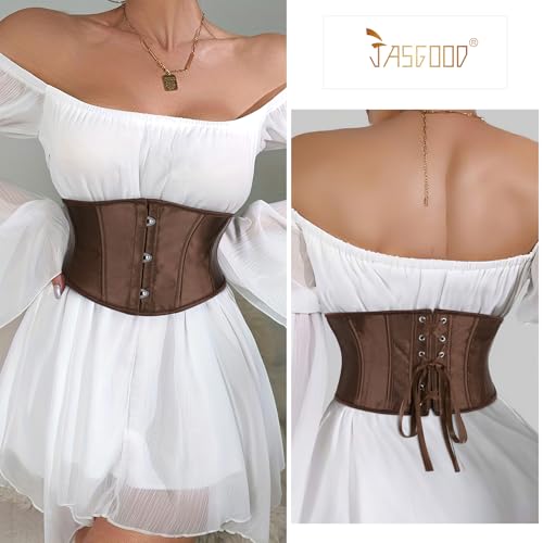 JASGOOD Corset Wide Belt for Women Boned Lace Up Underbust Renaissance Steampunk Pirate Halloween Belt,Coffee2
