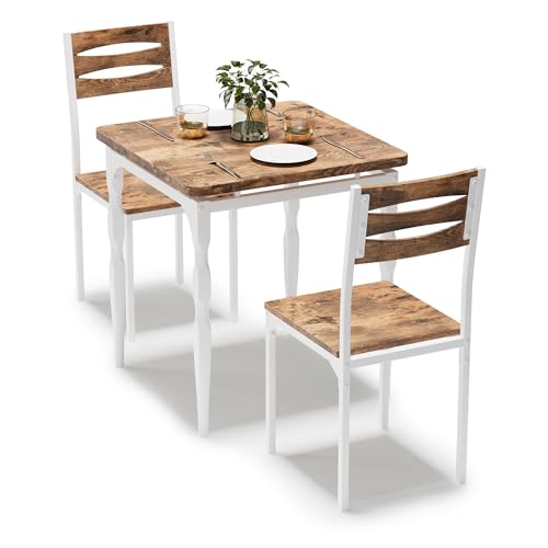 Image of Garvee 3 Piece Dining Table Set, Farmhouse Style Dining Table and Chairs Set for 2, Dining Set for Dining Room Kitchen Apartment, White & Brown