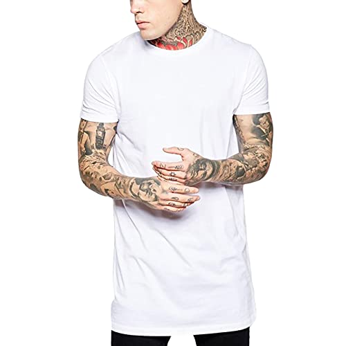 Men Hipster Hip-hop Short Sleeve Basic Long T-shirt Us Size (m) White