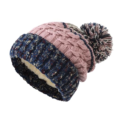 Image of Michear Beanie Hats for Women Bobble Hat Thermal Fleece Lined Winter Hats for Women Woolly Hat Women with Fur Pom Pom Ladies Hats for Skiing Hiking Running (UK, Alpha, One Size, M, Pink-Navy Blue)