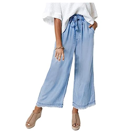 Valphsio Womens Lightweight Denim Pants Casual Baggy Trendy Jeans Elastic Waist Drawstring Comfy Paperbag Culottes