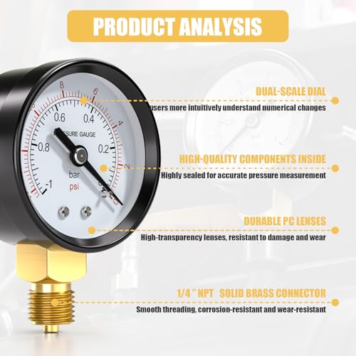 Innfeeltech 1 Stück 50mm Vakuummeter BSP 1/4„ -1~0 Bar -14~0 Psi mit 2 Stück Buchse 1/4“ bis 3/8„, 1/4“ bis 1/2„ und 1 Stück Sechskantnippel zur Reduzierung von 1/4“ auf 1/8“, ein Teflonband, Radial