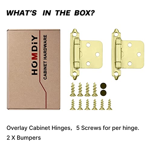 Homdiy 10 Pairs (20 Units) Gold Cabinet Hinges 1/2 Inch Overlay Cabinet Hinges, Semi-Concealed Cabinet Hinges Brushed Brass Hinges Self Closing Cabinet Hinges Face Mount Hinges #TOP4