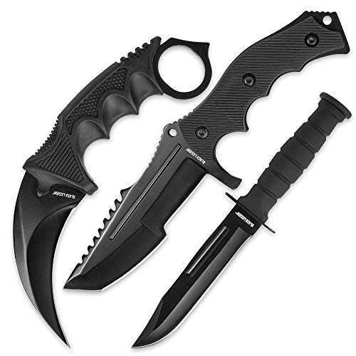 BLACK LEGION Triple Knife Set - Midnight Black | Karambit Knife, Survival Knife & Hunting Knife | Fixed Blade Knife with Sheath | Unique Cool Knives | Stainless Steel Blades | TPU Secure-Grip Handle