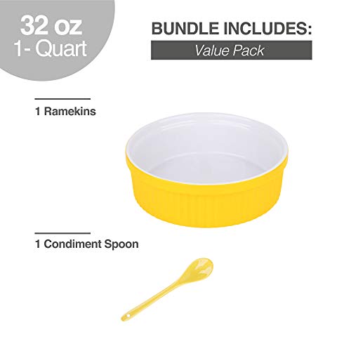 Souffle Dish Ramekins for Baking – 32 Oz, 1 Quart Large Ceramic Oven Safe Round Fluted Bowl with Mini Condiment Spoon for Soufflé Pot Pie Casserole Pasta Roasted Vegetables Baked Desserts (Yellow Set)