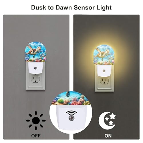 Image of Cute Sea Turtle Night Light for Kids,Smile Turtle and Colorful Corals Plug in Night Light with Dusk to Dawn Sensor, 0.5w Energy Saving Nightlight for Hallway Stairway Kitchen Bedroom
