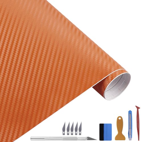 Film adhésif fibre de carbone 3D orange 3x3m avec outils pour voiture LZLRUN