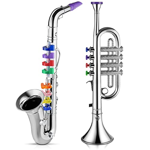Lewtemi Set of 2 Musical Instruments Include Toy Trumpet and Saxophone Set Plastic Trumpet Educational Toy Home School Music Gift, Color Keys(Silver)