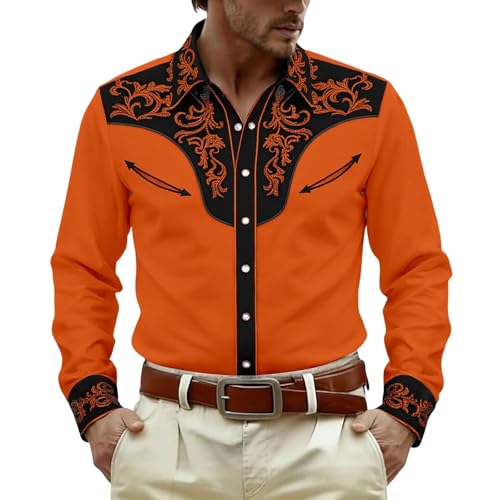 Chemise en jean avec imprimé pour activités de plein air et utilisation quotidienne confortable Chemise en jean occidental à manches longues coupe slim brodée avec roses et boutons, orange, S
