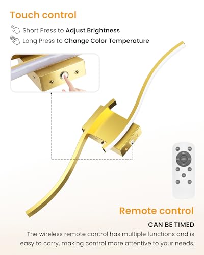 Image of NIORSUN 27.6 Inch Battery Operated Wall Sconce Set of 2, Gold Modern Rechargeable Wall Lights with Remote, 3CCT Dimmable Wireless Wall Lamp for Living Room Bedroom Hallway