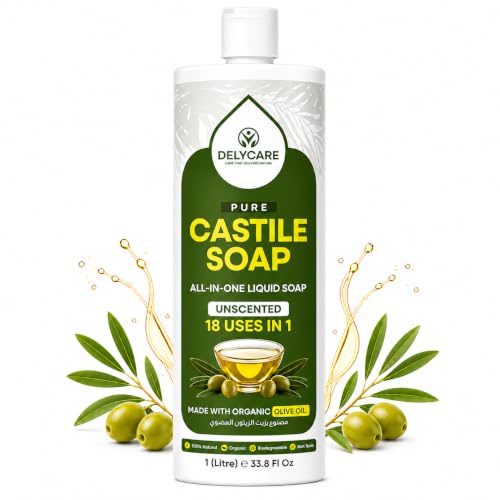 Organic Pure Castile Liquid Soap - 100% Natural Made with Organic Oils 18-in-1 Uses: Face Body Hair Laundry Pets and Dishes Concentrated Vegan Non-GMO Non Toxic (1 Litre Unscented)