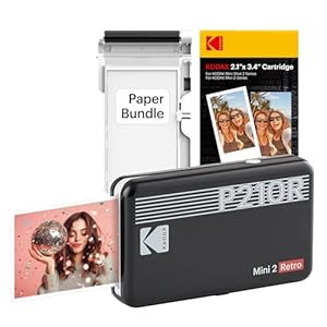 KODAK P210 Mini 2 Retro, Mobiler Farbig Fotodrucker, Kompatibel mit Smartphone (iOS & Android), Bluetooth, 54x86 mm, 4Pass-Technologie, Laminierung, 6 Kartuschen, 38 Blatt, Schwarz