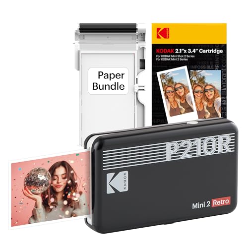 KODAK P210 Mini 2 Retro, Mobiler Fotodrucker, Kompatibel mit Smartphone (iOS & Android), Bluetooth, 54x86 mm, 4Pass-Technologie, Laminierung, 6 Kartuschen, 68 Blatt, Schwarz