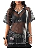 BEAUDRM Women's Y2K Jersey Shirts Striped Sheer Mesh Crop Top See Through V Neck Short Sleeve Sports Tees Streetwear Black Small