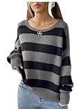 Milumia Women's Striped Oversive Sweater Off Shoulder Knitted Pullover Y2k Fall Tops Black and Grey Small