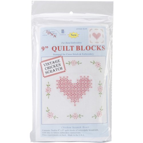 Stamped White Quilt Blocks 9x9 12/Pkg-Chicken Scratch Hearts