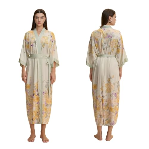 Surwin Albornoz de Satén Mujer Largo, Albornoz de Casa Microfibra Verano con Cinturón Ajustable, Talla Grande, Ropa de Baño y Descanso para Adultos (Flor elegante 6,Talla única)
